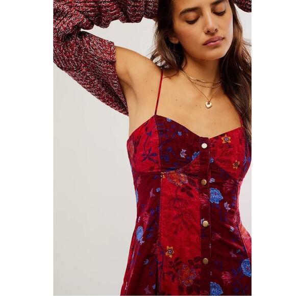 Free People Bohemian Grunge Witchy Corduroy Gail Midi Dress Scarlet Combo XL - Picture 3 of 16